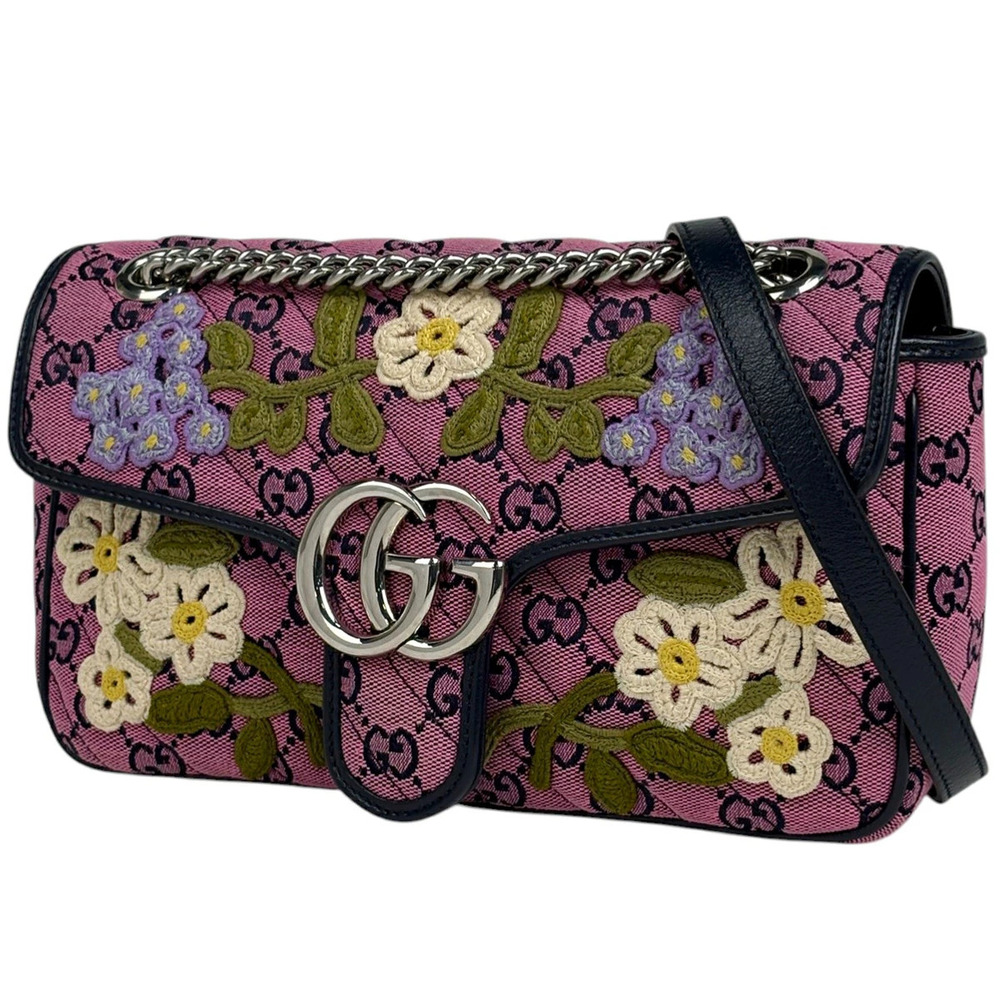 Gucci GG Marmont Quilted Shoulder Bag Embroidered Flower Canvas Pink Navy Blue